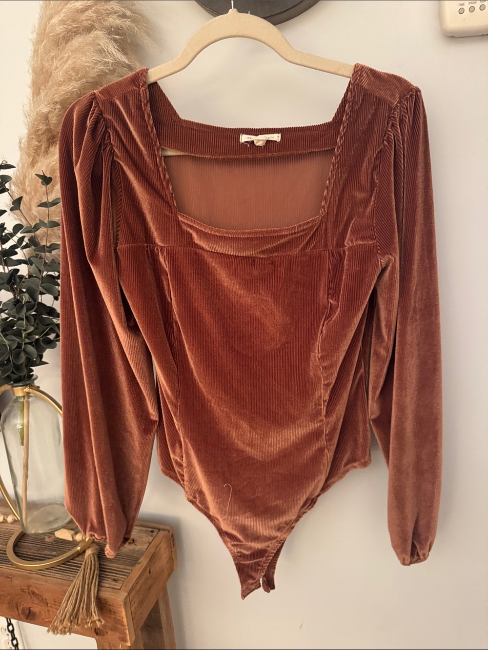 Shop Stevie Velvet Square-Neck Bodysuit in Rusty Copper